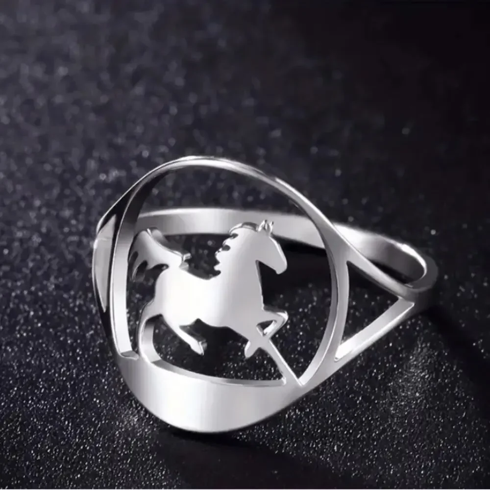 Silver Stainless Steel Horse Ring Cut Out Unisex